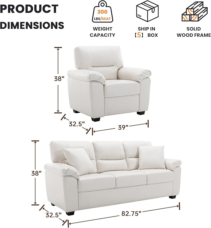Morden Fort Faux Leather Chair and 3 Seater Sofa Set, Modern Luxury Furniture with Removable and Easy to Clean Cushions, Skin-Friendly Wide Arm for Living Room Apartment Office Lounge, White
