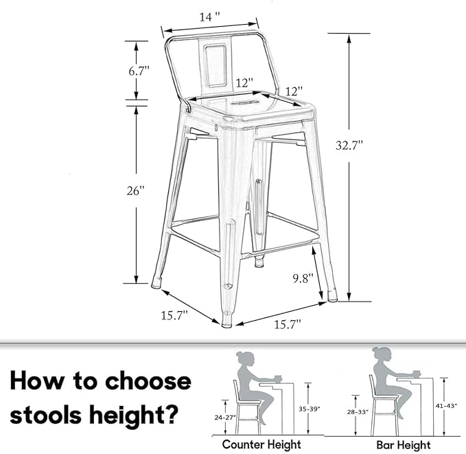 HAOBO Home Metal Bar Stools Set of 2 Low Back Counter Height Barstools 26" Industrial Barstool Patio Stool Metal Kitchen Stools Bar Chairs for Indoor Outdoor