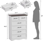 White Farmhouse Dresser for Bedroom, Modern 6 Chest of Drawers, 44" Tall Chest of Drawers w/Brushed Metal Handle, Wood Closet Organizers and Storage Cabinet for Bedroom, Living Room, Hallway