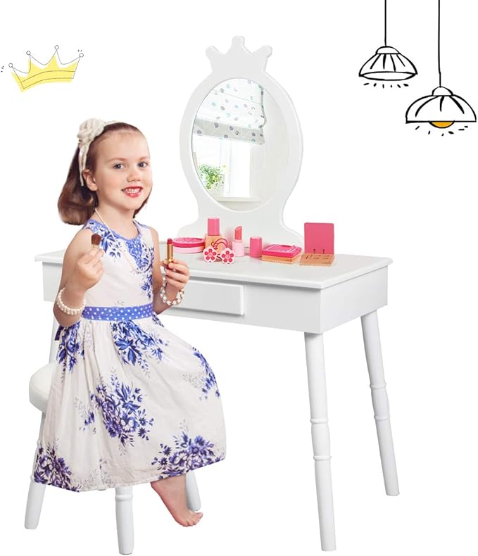 Costzon Kids Vanity Set, Wooden Princess Makeup Table with Cushioned Stool, Large Drawer, Solid Wooden Legs and Crown Mirror, Make Up Dressing Table Set for Girls (White)
