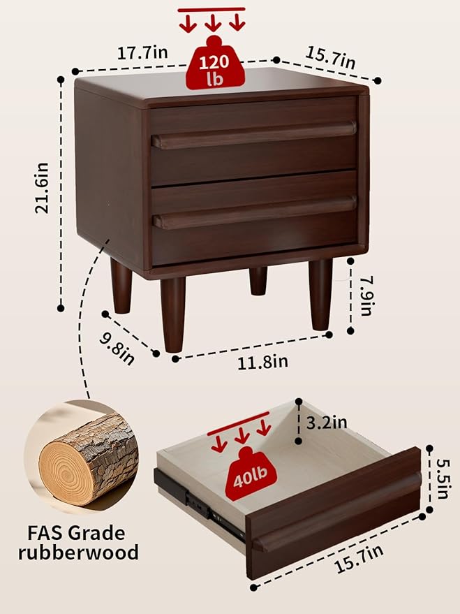 Solid Oak Wood Nightstand, Mid-Century Modern Bedside Table with 2 Drawers, Curved Profile End Table with Storage & Solid Wood Feet for Bedroom, Easy Assembly, Dark Walnut Color (15.7"Dx17.7"Wx21.6"H