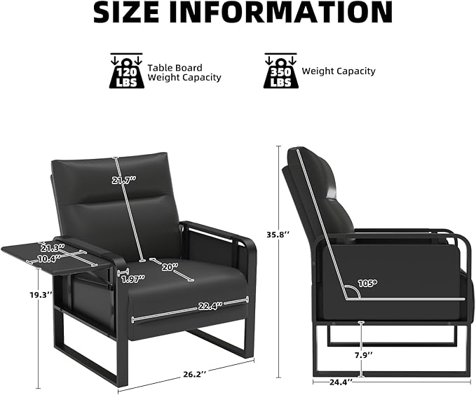 Upholstered Accent Sofas Set of 2, Modern Faux Leather Sofa Chairs with Foldable Side Tray Table & Storage Pocket, Small Accent Sofas for Living Room, Bedroom, Black