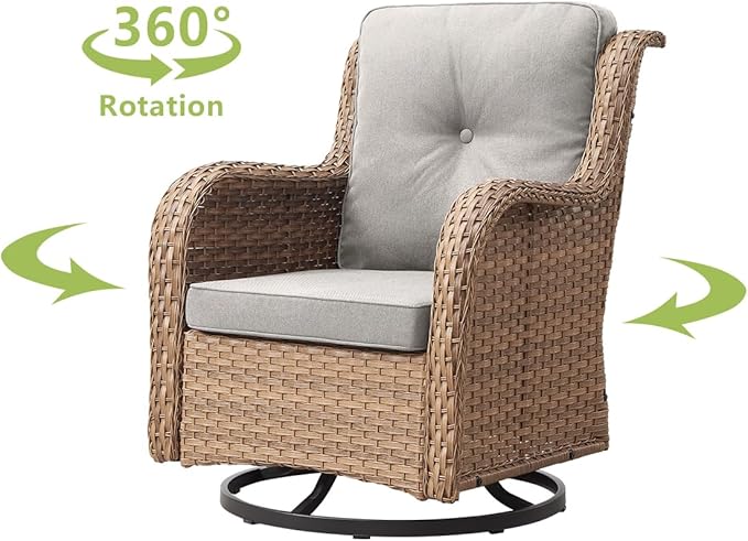 HUMMUH 3-Piece Swivel Rocking Rattan Chair Outdoor, Patio Bistro Furniture Conversation Set, Cushioned Wicker Chair with Glass Coffee Table(Yellow,Beige)