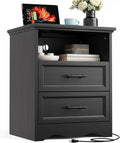 Black Nightstand with Charging Station, Farmhouse End Table with 2 Drawers, Bedside Table with Space-Saving Storage Cabinet, Unique Base Design for Bedroom & Living Room