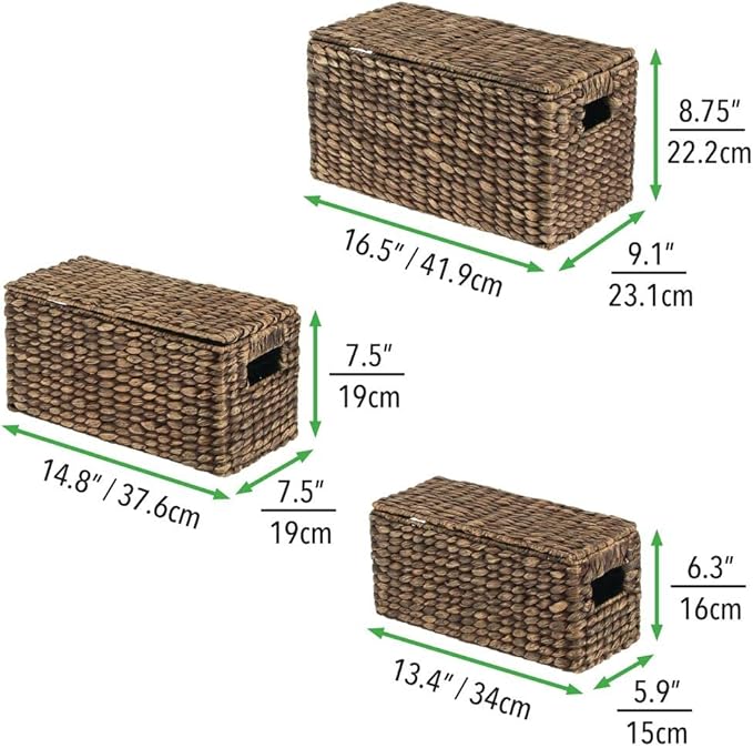 mDesign Woven Water Hyacinth Rectangle Storage Organizer Basket Bin with Topper Lid and Handles - Natural Farmhouse Holder Containers for Closet, Bedroom, Bathroom, Office - Set of 3 - Dark Brown