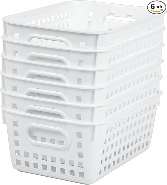 Really Good Stuff Medium Plastic Book Baskets, 11" by 7.5" by 4.5" - 6 Pack, White, Versatile Storage Solution for Classroom, Home and Office, Toy Storage, Multi-Purpose Organizer Basket