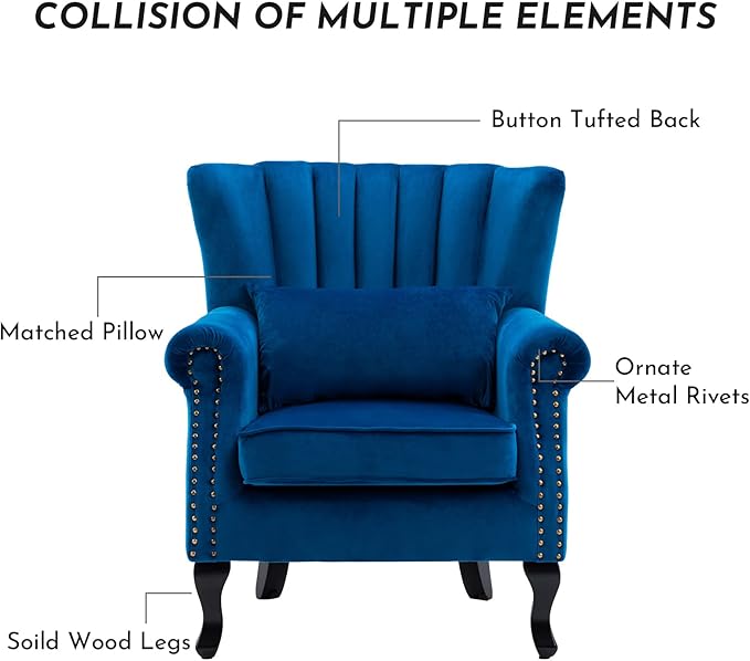 Accent Reading Arm Chairs Midcentury Modern Comfy Corner Sofa Chair, Wingback Waiting Room Club Chair with Tufted Back for Living Room/Bedroom/Reception Room, Velvet Blue