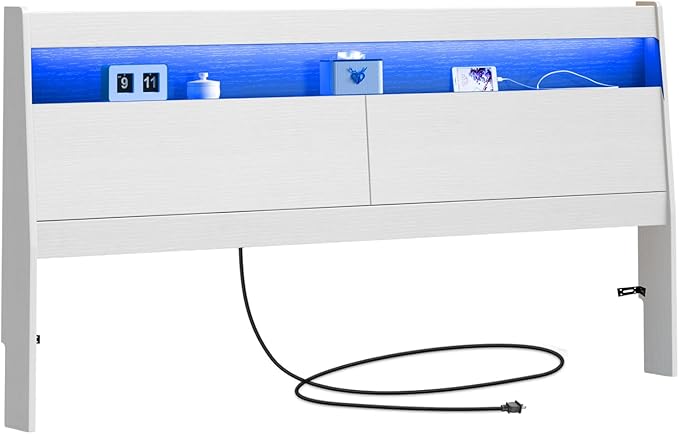 Modern Wooden Headboard Only with Storage,Wall Mount Bed Backboard with LED Light Power Outlets 2 USB Ports for Bedroom (White, King)