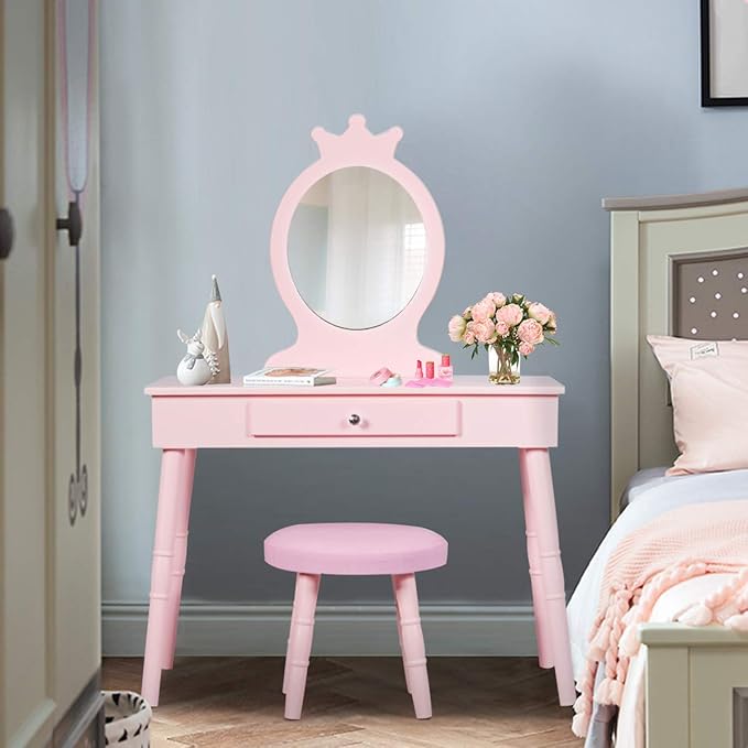 Costzon Kids Vanity Set, Wooden Princess Makeup Table with Cushioned Stool, Large Drawer, Solid Wooden Legs and Crown Mirror, Pretend Beauty Make Up Dressing Play Set for Girls Best Gift (Pink)