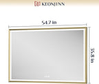 Keonjinn 55” x 36” LED Bathroom Mirror with Frontlit & Backlit, Gold Metal Framed Lighted Mirror with Stepless Dimmable 3-Color Temperatures, Anti Fog, UL-Listed Driver, No Dark Corner