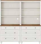 3 Tier Bookshelf with 3 Drawers, 72" Tall Bookcase Large Farmhouse Display Book Case Shelf with 3-Tier Open Book Shelfs，Library Wood Bookshelves for Living Room & Kitchen & Bedroom, Off White, 2 PCS