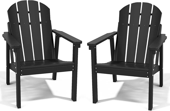 Adirondack Chair Set of 2, All Weather HDPE Fire Pit Chairs, Oversized Plastic Adirondack Chair for Outdoor, Balcony, Deck, Backyard, Patio, Garden, Poolside, Lawn Black