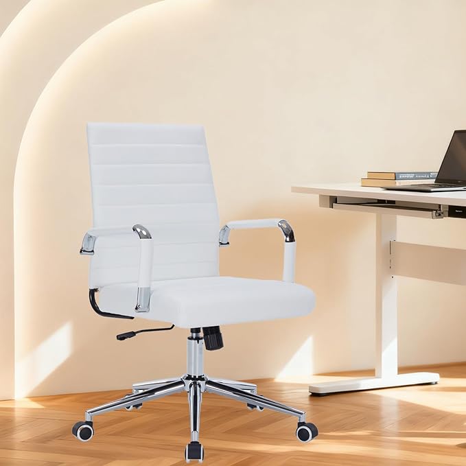 Sidanli Ergonomic Desk Chairs, Executive Swivel Faux Leather Mid Back Chair with Comfortable Lumbar Support and Smooth Rolling Wheels for Office, White