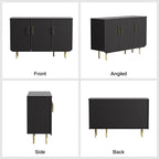 Set of 2 Fluted Black Storage Cabinets, Modern 3-Door Sideboard Buffet Cabinet with Adjustable Shelves and Metal Legs, Accent Cabinet for Kitchen, Living Room, Entryway (Black & Gold)