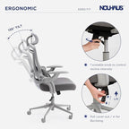 Nouhaus Ergo Fit Ergonomic Mesh Office Chair High Back Adjustable Lumbar Support Headrest and Adjustable Flip-up Armrests, Comfy Desk Chairs Swivel Computer Gaming Chair Tilt Function(N20, Grey)