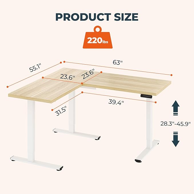 L-Shaped Standing Desk, 63 x 55 Inches Height Adjustable Desk, Sit and Stand up for Work Office Home, Ergonomic Rising Computer Table for Home Office with Splice Board, Maple