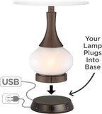 Possini Euro Design Cosgrove Mid Century Modern Table Lamp with USB and AC Power Outlet Workstation Charging Base 26.5" High Textured White Ceramic Light Brown Linen Drum Shade for Living Room