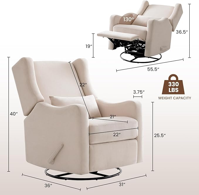 Harkawon Wingback Glider Rocking Recliner, Swivel Rocker Recliner Chair, Nursery Rocking Chair, Fabric Chair with Lumber Support, High Back, Deep Seat, for Living Room, Bedroom, Beige