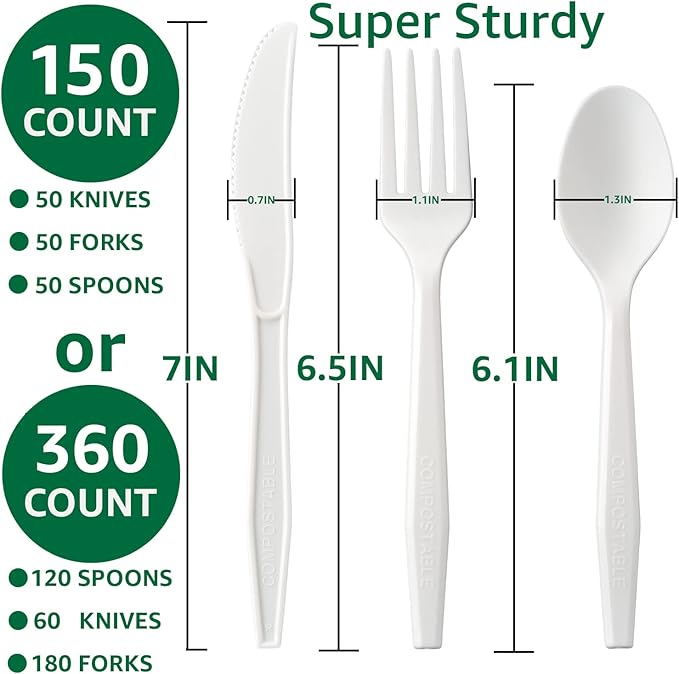 100% Compostable No Plastic Utensils - Heavy Duty Eco-Friendly Flatware for Lounge, Party, Wedding, BBQ, Picnic, Camping [Utensils Set, 360 Count]