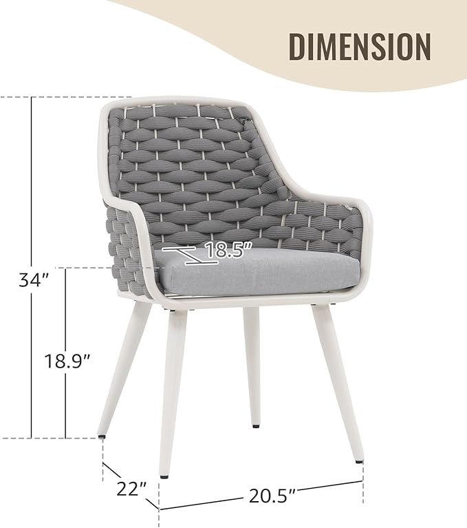 SUNSITT Outdoor Dining Chairs Set of 4, Metal Outdoor Patio Dining Chairs with Weather-Resistant Cushions, Woven Rope Chairs Outdoor with Armrest Light Grey Outdoor Furniture Chairs for Backyard