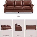 Kingfun Mid-Century Modern Couch, Faux Leather Sofa, 3 Seater Couch for Living Room with Rolled arms & Nailhead Trim, Dark Coffee