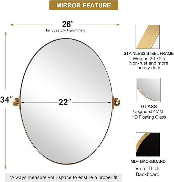 ANDY STAR Gold Bathroom Mirror, 22" x 34" Tilting Vanity Oval Mirror for Wall, Brushed Gold Stainless Steel Metal Frame Pivot Mirror Hangs Vertically Wall-Mounted