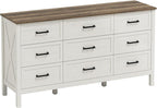 LYNSOM Farmhouse 9 Drawers Dresser for Bedroom, 55" Wide Wood Rustic Chest of Drawers with Natural Texture, Metal Handle, Storage Dressers Organizer for Entryway, Hallway, Antique White