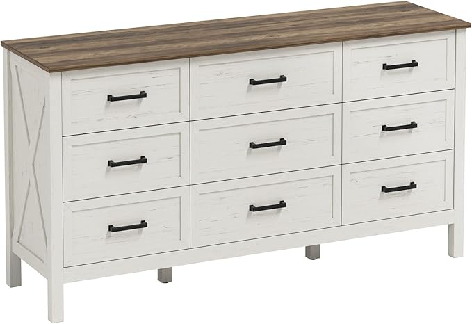 LYNSOM Farmhouse 9 Drawers Dresser for Bedroom, 55" Wide Wood Rustic Chest of Drawers with Natural Texture, Metal Handle, Storage Dressers Organizer for Entryway, Hallway, Antique White
