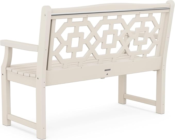 Martha Stewart by POLYWOOD Chinoiserie 48" Outdoor Bench for Patio, Porch & Backyard, Sand - Durable All-Weather HDPE Garden Seat with Back Support - Classic 2 Person Seating, Made in The USA