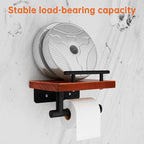 Toilet Paper Holder with Wood Shelf, Wall Mount Toilet Paper Roll Holder with Wooden Shelf and Matte Black Stainless Steel Pipe, Tissue Roll Holder for Bathroom Washroom (Dark Brown, 7.9'' x 5.9'')