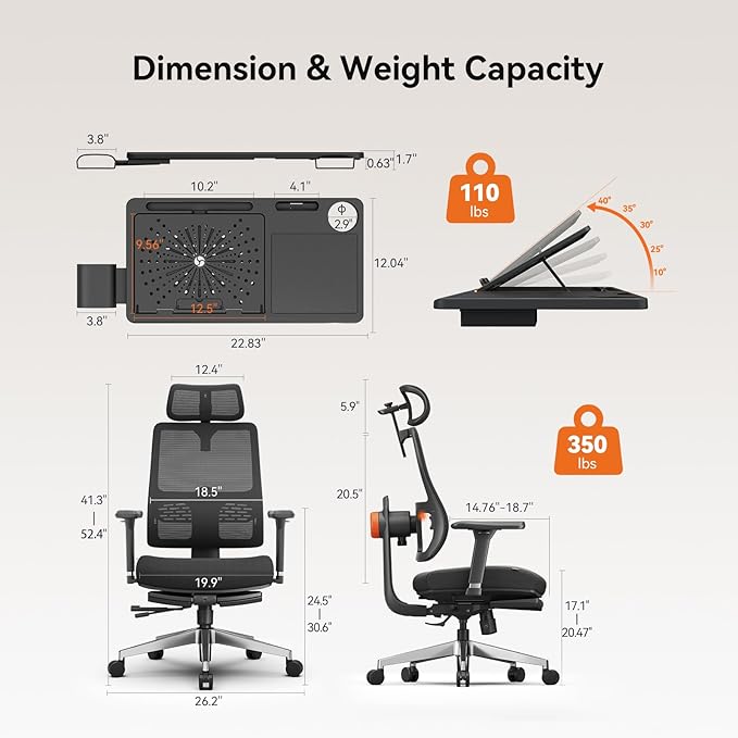 Newtral Office Chair Ergonomic with Footrest, Auto-Following Lumbar Support, High Back Desk Chair with 4D Armrest,136° Tilt Lock, Adjustable Seat Depth & Height (Supreme with Laptop Tray, Black)