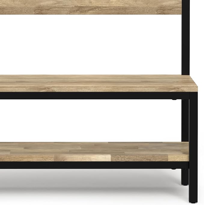 SIMPLIHOME Westmont Hall Tree Bench - 40 inch Wide Solid Mango Wood Entryway Seat in Natural, Industrial Bench for Entryway or Hallway with Metal Frame, Coat Hooks and Open Shelf