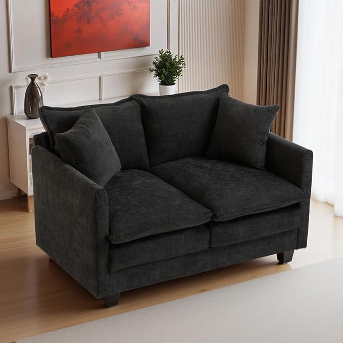50" Loveseat Sofa Cloud Couch Small | Mini Chenille Love Seat Couches with 2 Pillows | 27.16" Deep Seat for Small Spaces Bedroom Dorm Apartment | Black