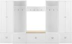 Crosley Furniture Harper 6-Piece Hall Tree, Storage Cabinet, Shoe Rack Bench, and Wall Shelf Set with Hooks, White