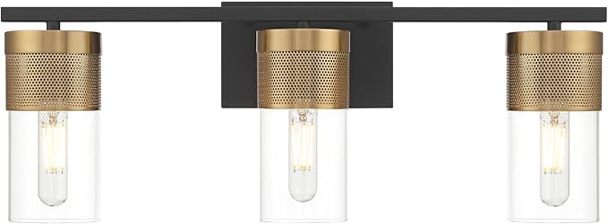 Possini Euro Design Berlin 23 1/2" High Modern Industrial 3 Light Bathroom Vanity Wall Lamp Light Fixture Mount Over The Sink Mirror Hardwired Cordless Black and Gold Glass Shade Indoor Entry-Way