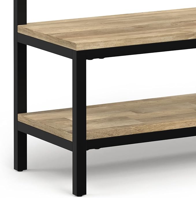 SIMPLIHOME Westmont Hall Tree Bench - 40 inch Wide Solid Mango Wood Entryway Seat in Natural, Industrial Bench for Entryway or Hallway with Metal Frame, Coat Hooks and Open Shelf