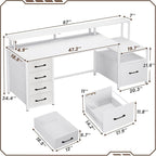 SEDETA White Computer Desk with 5 Drawer & Power Outlet, 66'' Home Office Desk with File Drawer, Storage Shelves, Printer Cabinet and Monitor Shelf, Gaming Desk with Led Lights