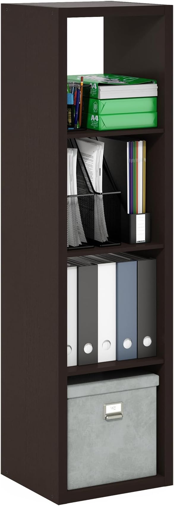 Furinno CUBICLE Book Shelf, 4-Cube Vertical Thick Frame Bookshelf, Horizontally & Vertically Reversible Bookcase with Open Back, 14.6 x 15.9 x 58, for Living Room, Bedroom, Home Office, Black Dark Oak