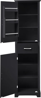 Bathroom Tall Storage Cabinet, Floor Freestanding Storage Cabinet with 2 Doors, One Drawer, Door Shelve Design, and Adjustable Shelf for Bathroom, Office, Multi-Use Organizer, Black
