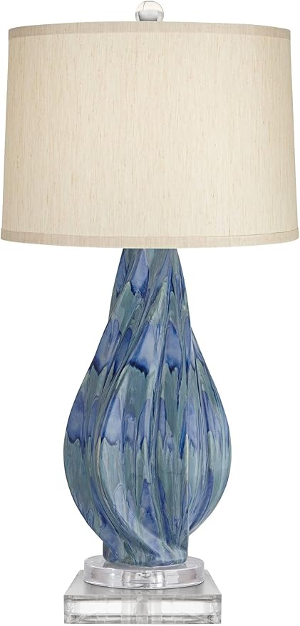 Possini Euro Design Teresa Coastal Modern Table Lamp with Square Riser 32.5" Tall Blue Teal Drip Ceramic Beige Drum Shade Living Room Bedroom House Bedside Nightstand Home Office (Color May Vary)