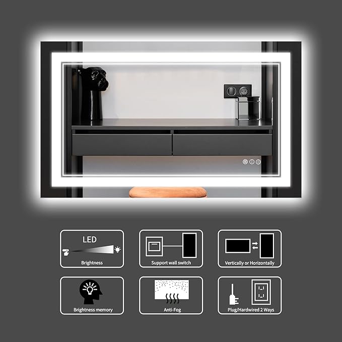 44 x 30 Inch LED Bathroom Mirror, Front Light and Backlit Lighted Vanity Mirror, Anti-Fog, Dimmable Memory, Shatterproof, Wall-Mounted