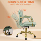 CLATINA Leather Home Office Desk Chairs, Swivel Mid-Back Computer Chair with Golden Legs and Arms, Comfy Upholstered Task Chair with Wheels, Green