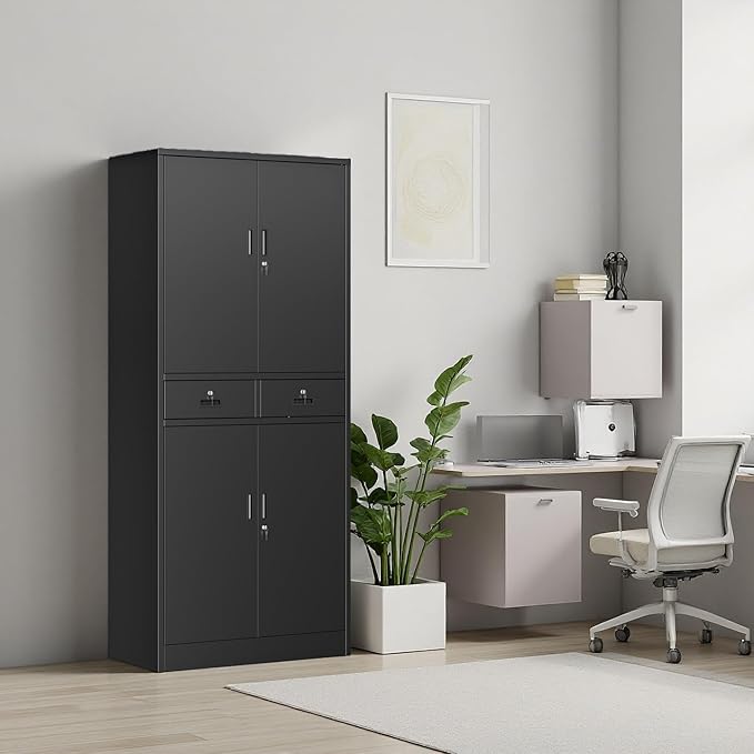 BESFUR Metal Cabinet, Garage Storage Cabinet with Drawer and Adjustable Shelves for Garage, Office, School - Black