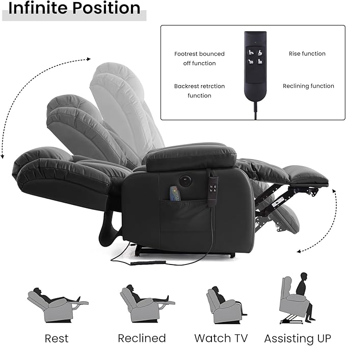 TEKAMON Power Lift Recliner Chair for Elderly with Heat & Massage, Dual Motor Breathable Leather Recliner, Lay Flat Sleeping Chairs with Infinite Position, Remote Control & USB Type-c Ports(Black)