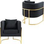 Velvet Modern Accent Chairs Set of 2, Upholstered Barrel Armchair Mid Century with Pillow for Living Room, Comfy Single Vanity Chair with Metal Gold Legs for Bedroom, Black