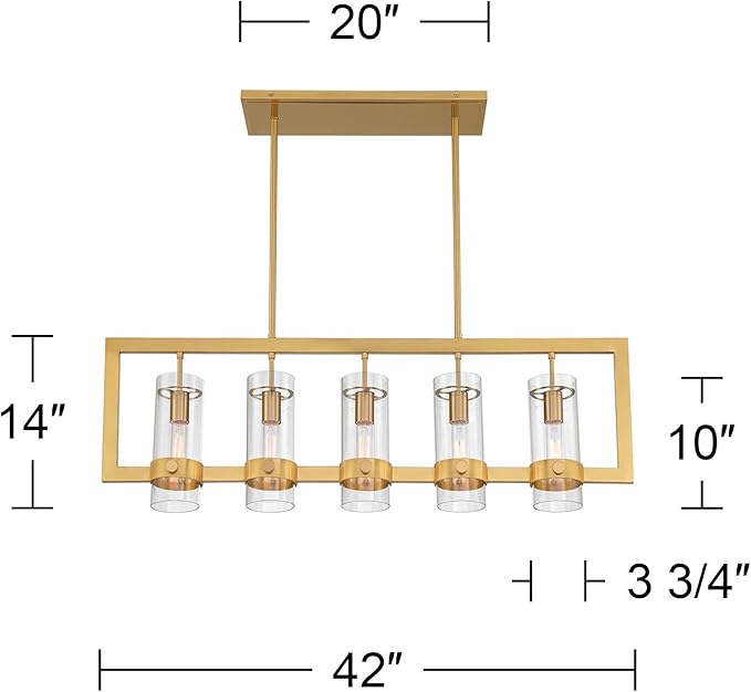 Possini Euro Design Camden Brass Island Linear Pendant Chandelier 42" Wide Modern Open Rectangle Frame Clear Glass Tube Shades 5-Light Fixture for Dining Room House Foyer Kitchen Entryway Bedroom
