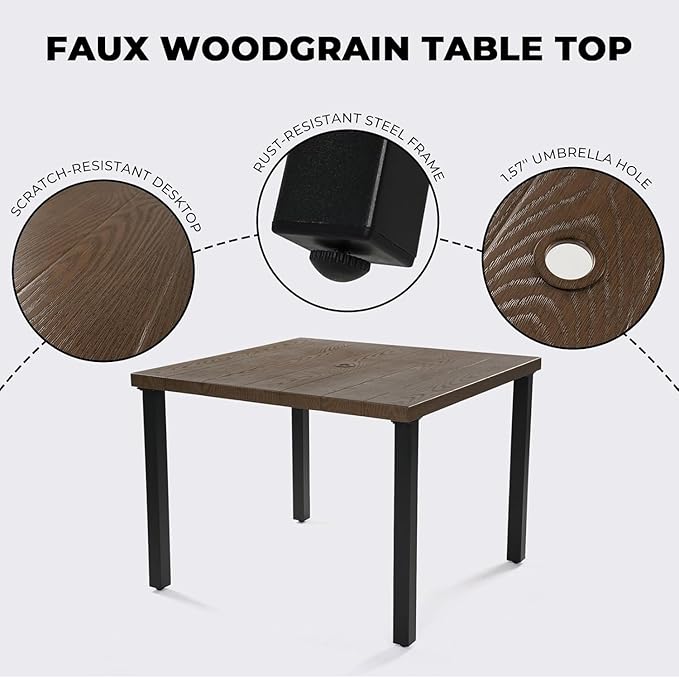 Grand patio 5-Piece Outdoor Dining Set for 4, Metal Woven Wicker Swivel Patio Chairs with Thickened Cushions & 1 Square Woodgrain Dining Table with Umbrella Hole for Backyard Deck (Black)