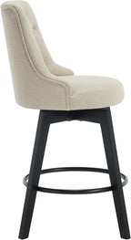 MINCETA Set of 4 Upholstered Bar Stools - 26 Inch Swivel Counter Height Stools with Low Tufted Back, Footrest & Performance Fabric - Khaki Round Seat for Kitchen Island & Home Bar
