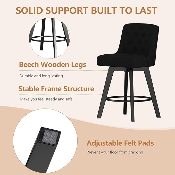 MINCETA Bar Stools Set of 4, 26 Inch Upholstered Barstools with Low Tufted Back and Footrest, Swivel Counter Height Barstools for Kitchen Island Home Bar Performance Fabric Black