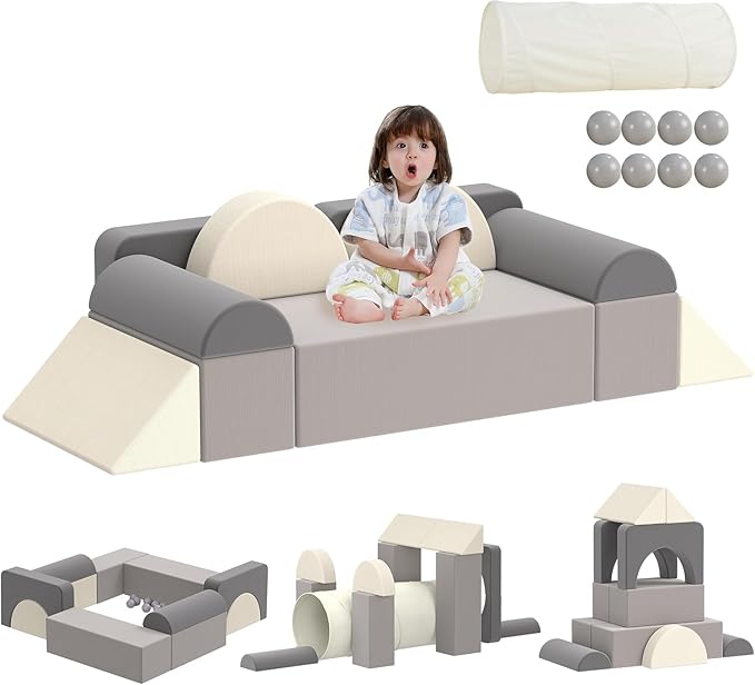 Asweets Kids Play Couch with Tunnel and Balls, Play Couch for Toddlers, Kids Foam Convertible Play Building Fort for Christmas and New Year